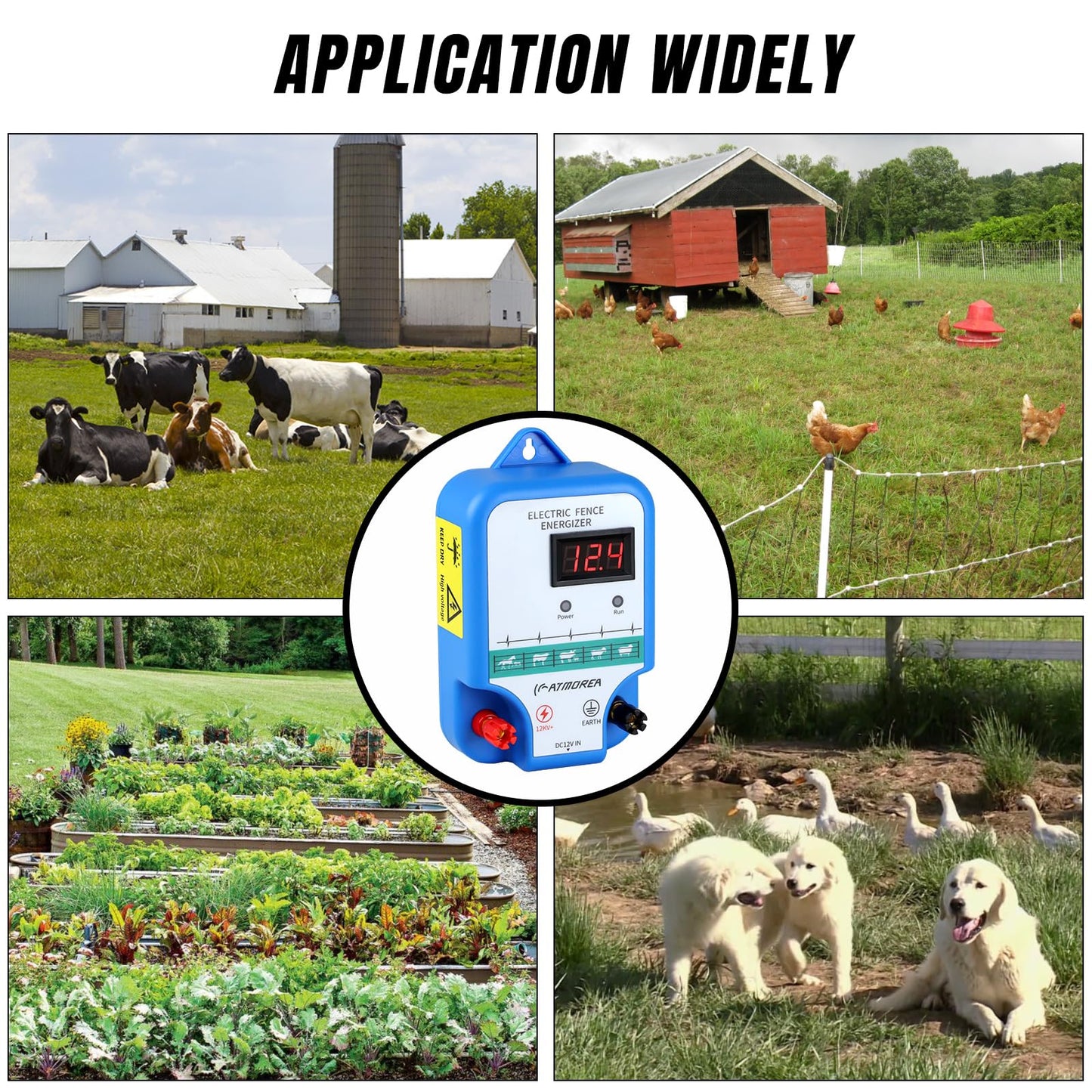 ATMOREA Electric Fence Charger - Multi-Powered, 12 kV 3 Joules High-Power Output Energizer with LED Display, Repels Large Wildlife - Ideal for Livestock, Pet, Poultry, Gardens, Orchards Protection