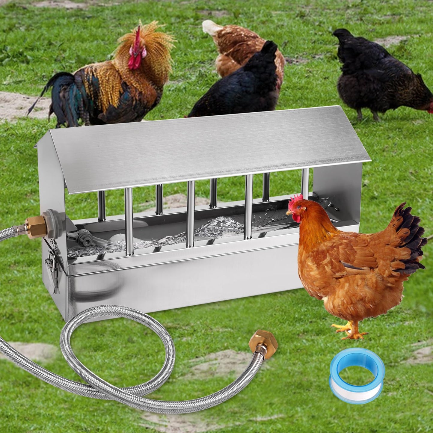 Automatic Chicken Waterer Stainless Steel Large Metal Chicken Waterer System Poultry Waterer Dispenser with Float Valve Kit Hose Accessories for Pigeon, Duck, Goose