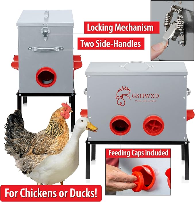 Automatic Chicken Feeder - 40 lb Capacity 6 Port Large Metal Chicken Feeders - No Waste Poultry Feeder with Locking Lid and Legs for Inside Chicken Coops