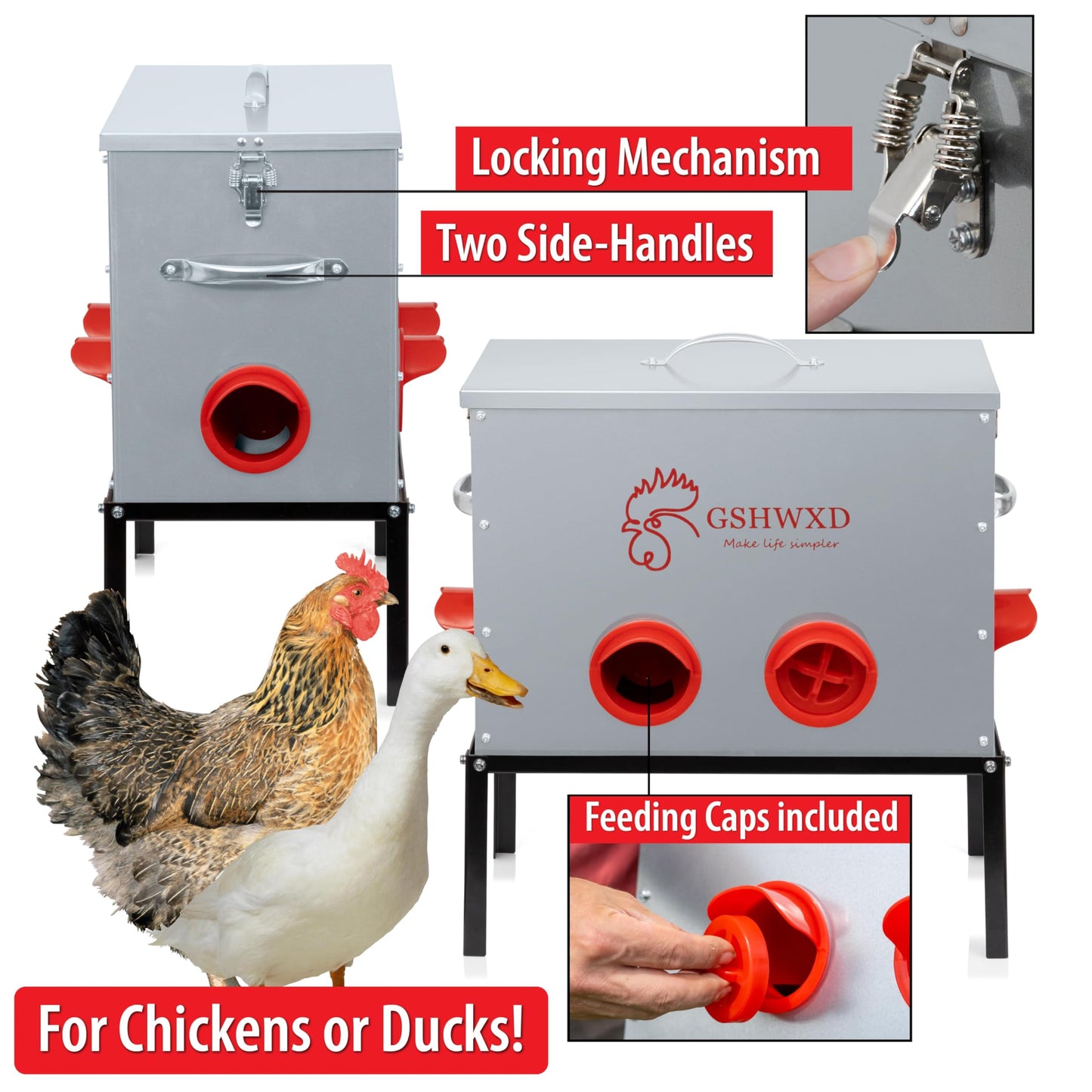 GSHWXD Automatic Chicken Feeder - 40 lb Capacity 6 Port Large Metal Chicken Feeders - No Waste Poultry Feeder with Locking Lid and Legs for Inside Chicken Coops
