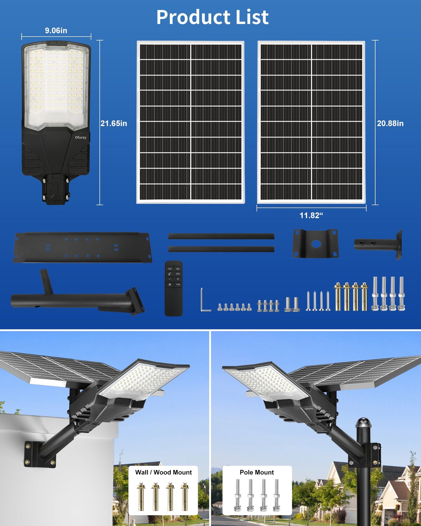 Ofuray Solar Street Lights Outdoor,OHF-Plus 40,000Mah High Power Solar Security Flood Lights Parking Lot Lights Commercial Dusk to Dawn,IP67 6500k Led with Remote for Street,Court,Barn