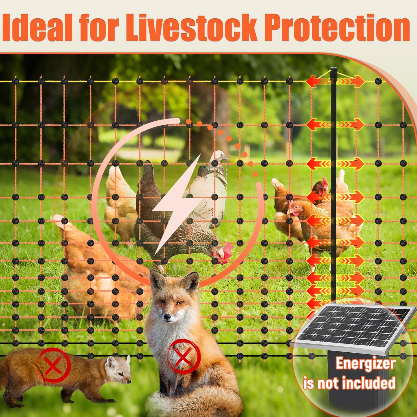 Electric Fence Netting, 48" x 164' Electric Chicken Fence with 16 Posts 2 Spikes, Portable Electric Poultry Netting for Chicken, Duck and Goat, Anti-Predator Electric Fencing in Farms, Ranches