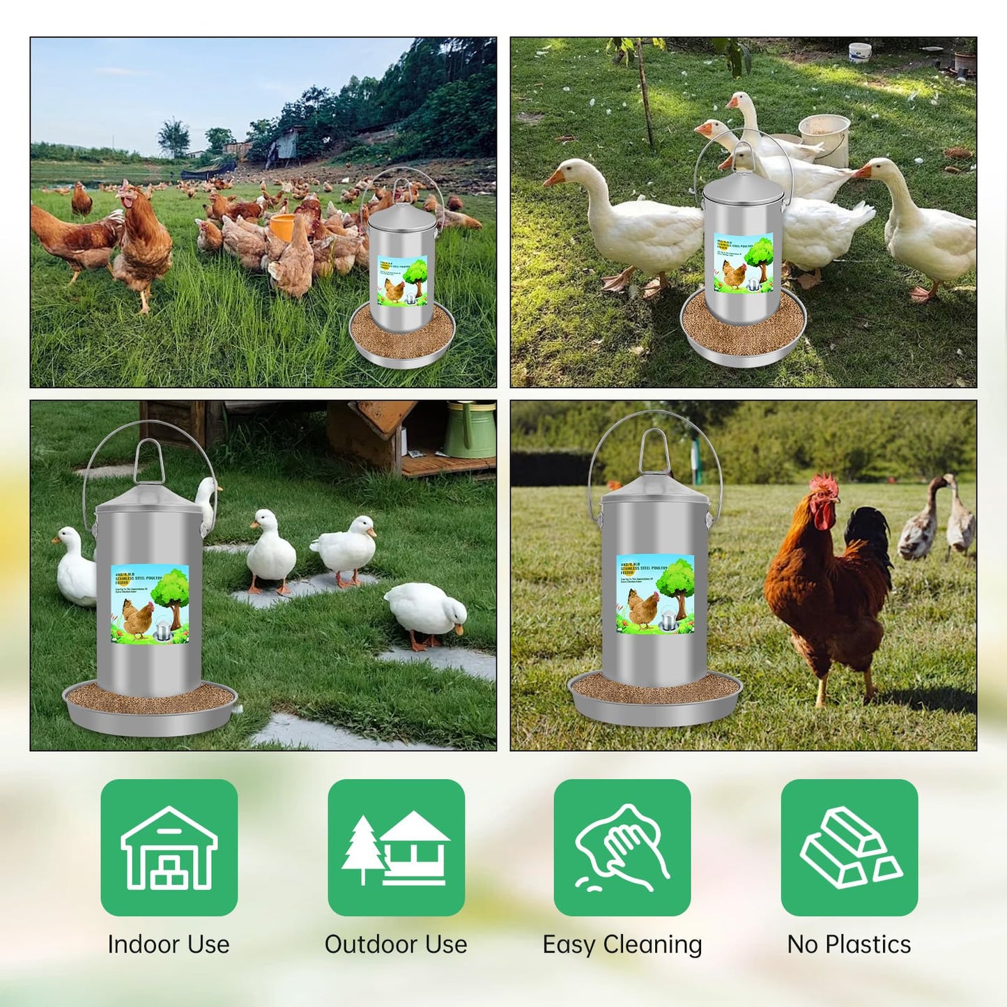 Automatic Chicken Feeder 4KG/8.8lbs, Heavy Duty Stainless Steel Reliable Long-Lasting Poultry Feeder with Handle, High Strength Structure 0.035 Inch/0.9mm Metal Thickness