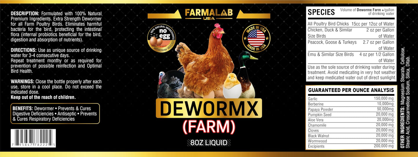 Farmalab Natural Dewormer No Withdraw Hens, Ducks, Roosters, Turkeys, Goose, Parakeets, Cockatiels, Lovebirds, Finches, Quakers, Pigeons, Palomas, Buchones, All Baby Chicks (8oz, Poultry Farm)