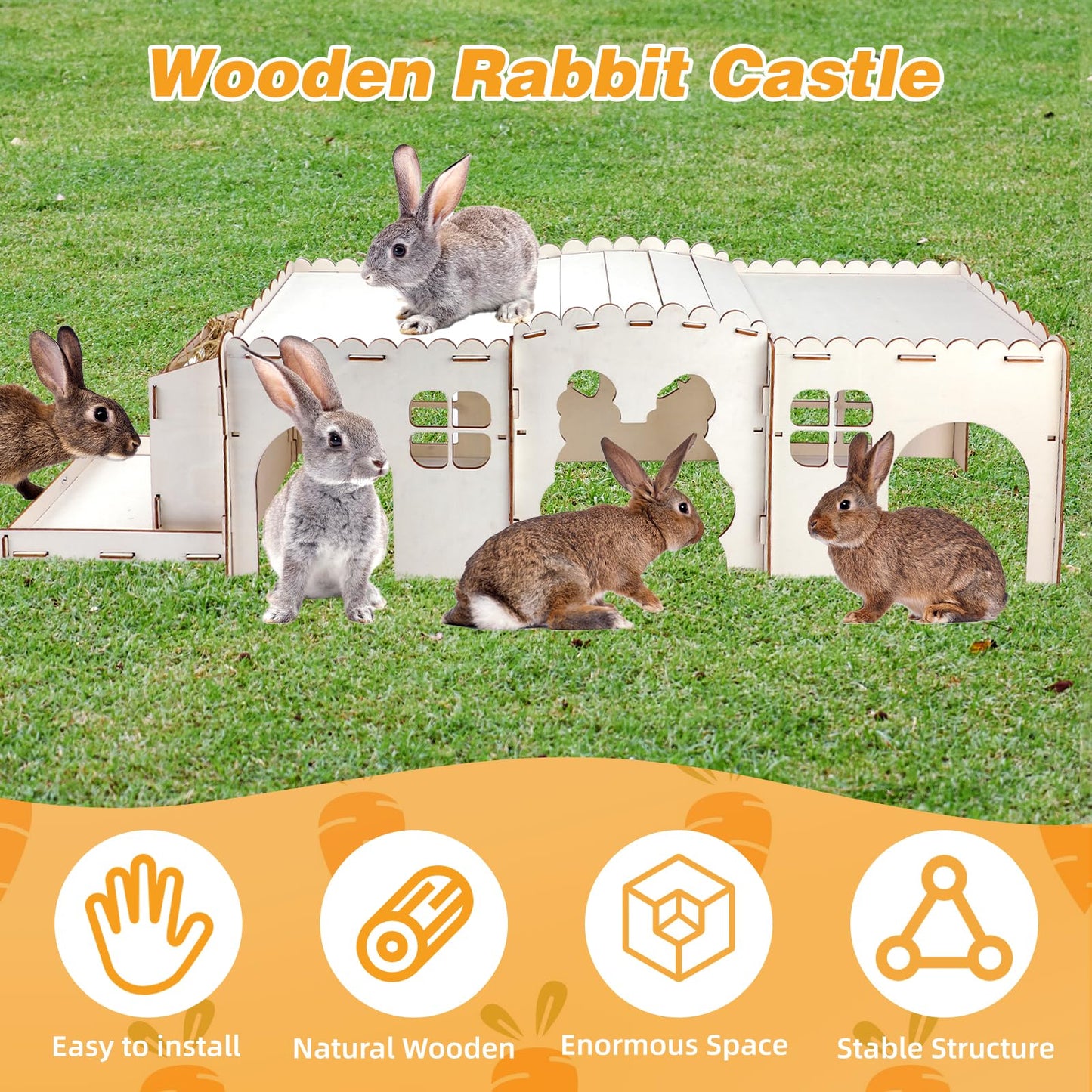 GINDOOR Extra Large Rabbit Hideout Castle with Hay Feeder, Wood Bunny House and Rabbits Hideaway, Indoor Bunny Castle Sturdy Small Animal Play Hideaway Hut for Bunnies, Guinea Pigs, Chinchillas
