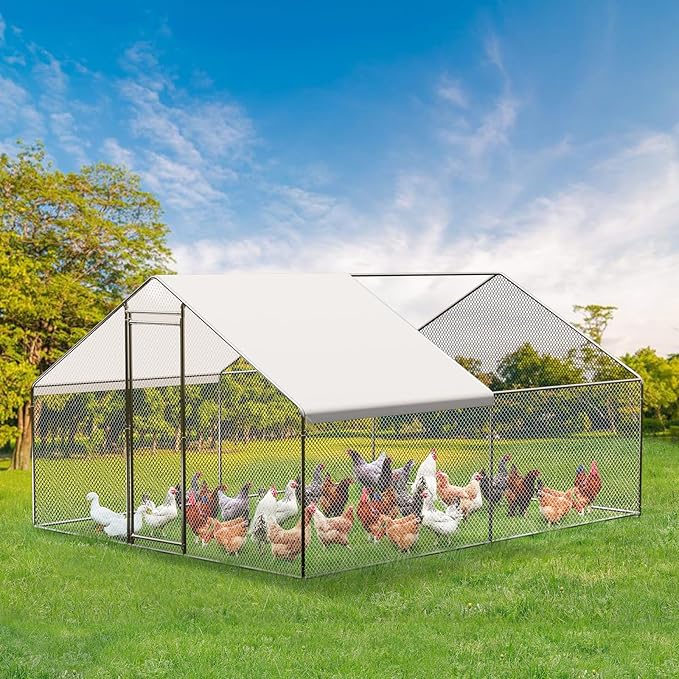 Large Metal Chicken Coop, Large Chicken Run, Walk-in Poultry Cage with Waterproof and Anti-Ultraviolet Cover for Outdoor Yard Farm Use (9.8' L x 13.1' W x 6.6' H)
