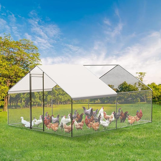 Large Metal Chicken Coop, Large Chicken Run, Walk-in Poultry Cage with Waterproof and Anti-Ultraviolet Cover for Outdoor Yard Farm Use (9.8' L x 13.1' W x 6.6' H)