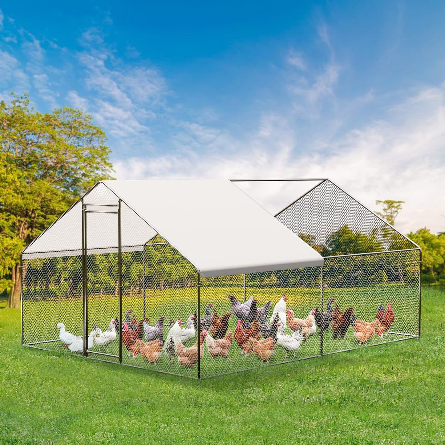 Large Metal Chicken Coop, Large Chicken Run, Walk-in Poultry Cage with Waterproof and Anti-Ultraviolet Cover for Outdoor Yard Farm Use (9.8' L x 13.1' W x 6.6' H)