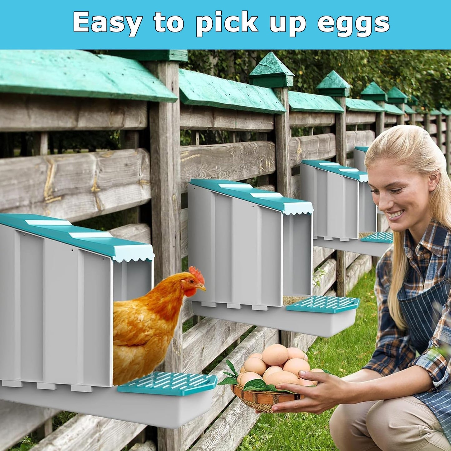 AUTENS Chicken Nesting Boxes, 10 Hole Laying Boxes,2 Nest Mat, Plastic Roll Away Chicken Nest Box, Egg Roll Out with Perch Eggs Protected Collection Area, Poultry Modular House Egg Coop Nest Perch