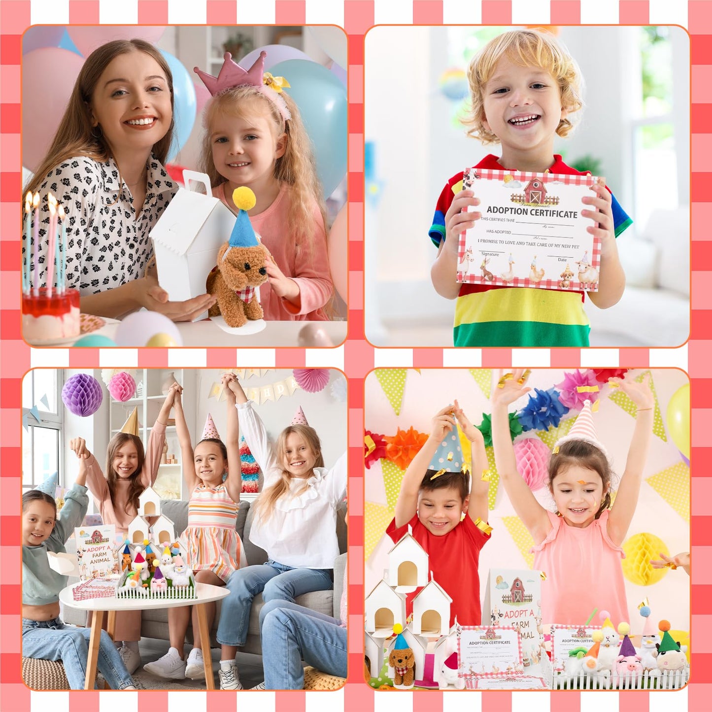 37 Pcs Farm Animal Party Favors Set Mini Stuffed Animals Lawn Foldable White Animal House Fence Birthday Hats Adoption Certificate Card Adopt a Farm Animal Sign Adopt a Pet Party Favors Supplies Gifts