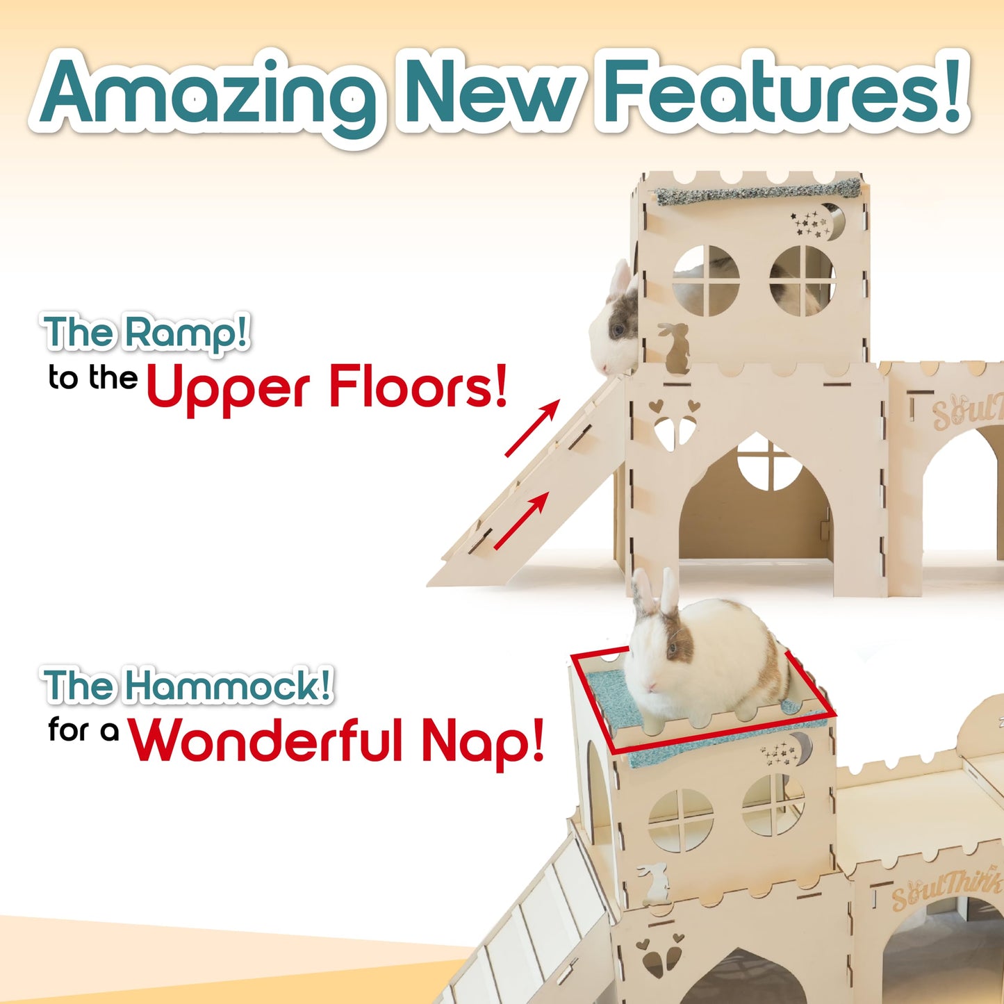 Soulthink® Extra Large Rabbit Hideout and Castle - Easy to Assemble Wooden Houses and Hideouts with Ramps and Tunnels Bunny Castle and Rabbit House for Rabbits to Hide and Play Indoor