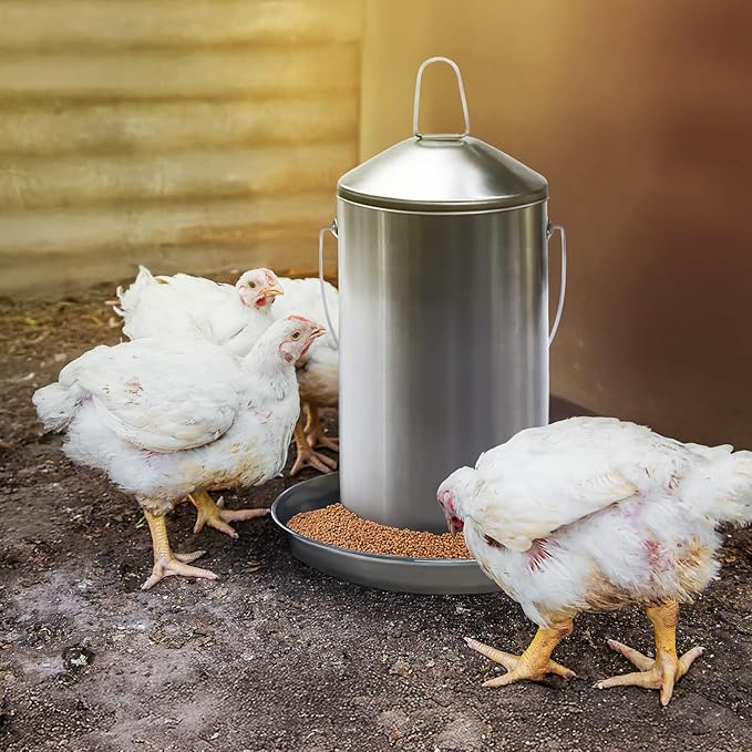 Plexon 8.8 Lb Stainless Steel Hanging Chicken Feeder no Waste Food-Grade - Duck Turkey Poultry Feeder for Chicken Metal - Heavy Duty Reliable Long-Lasting with Handle