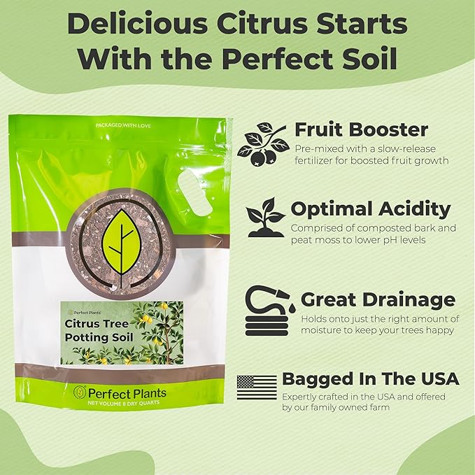 Citrus Tree Potting Soil by Perfect Plants | Organic Premium Mix | Use with Lemon Trees, Lime Trees, or Other Citrus Plants (8qt)