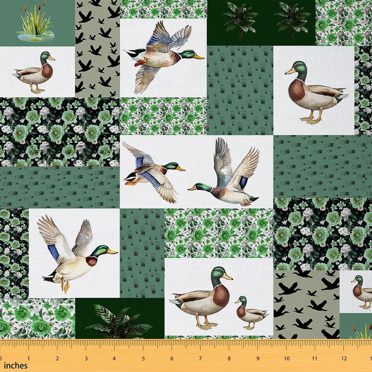 Erosebridal Mallard Duck Fabric by The Yard,Cabin Hunting Animal Upholstery Fabric for Chairs Sofa,Farmhouse Patchwork Waterproof Outdoor Decor,Green White,2 Yards