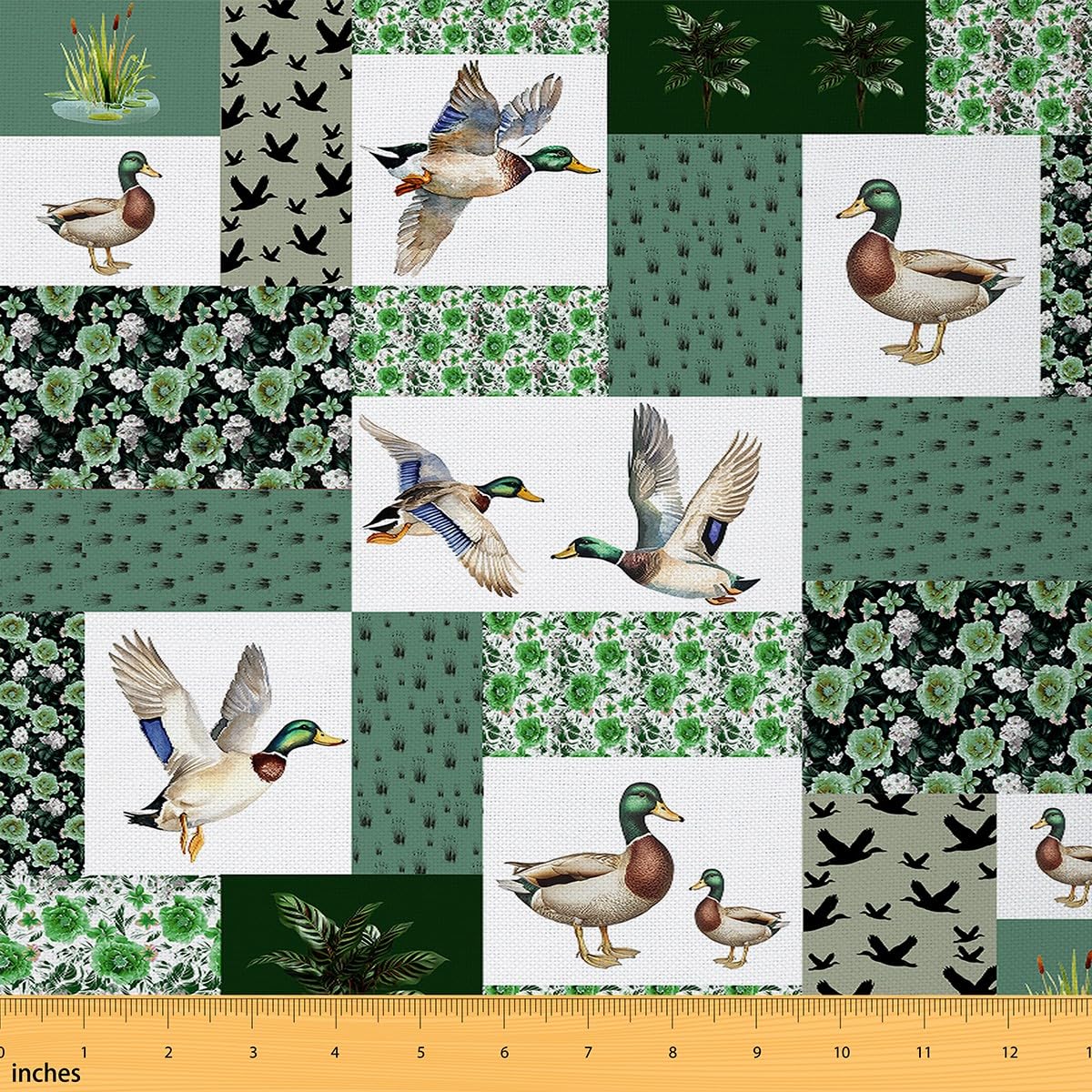 Erosebridal Mallard Duck Fabric by The Yard,Cabin Hunting Animal Upholstery Fabric for Chairs Sofa,Farmhouse Patchwork Waterproof Outdoor Decor,Green White,2 Yards