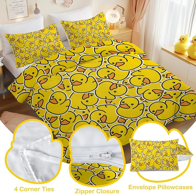Twin Duvet Cover Set: Kids Yellow Ducks Themed Brushed Microfiber Bedding for Boys Girls Room- Little Plastic Rubber Duck Print Comforter Cover with 2 Pillowcases