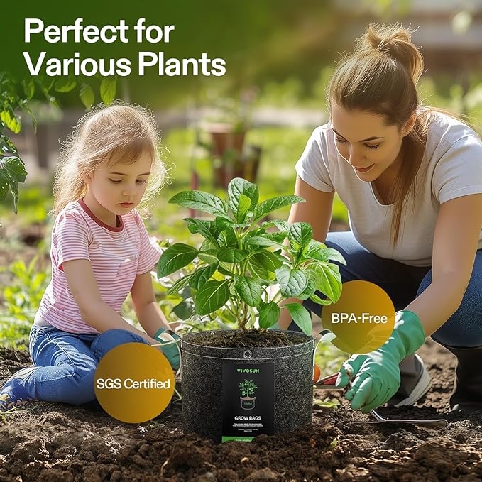 VIVOSUN 5-Pack 5 Gallon Grow Bags, 500G Thick Nonwoven Fabric Pots with Strap Handles, Multi-Purpose Rings, for Low Stress Plant Training Fruits, Vegetables, and Flowers