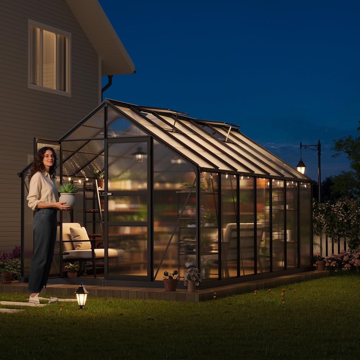 Garvee 8x14 FT Greenhouse, Easy Assembly Polycarbonate Greenhouses for Outdoor with Adjustable Roof Vent, Large Aluminum Walk-in Greenhouse with Lockable Hinged Door for Patio, Backyard, Garden, Black