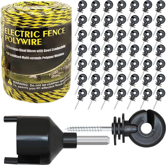 Upgraded Electric Fence Poly Wire 330 Feet 100 Meters 1/8" Dia Portable Electric Fencing Polywires and 50 Pcs Black Electric Fence Insulator (Grid System Accessories for Animal Husbandry Electronic)