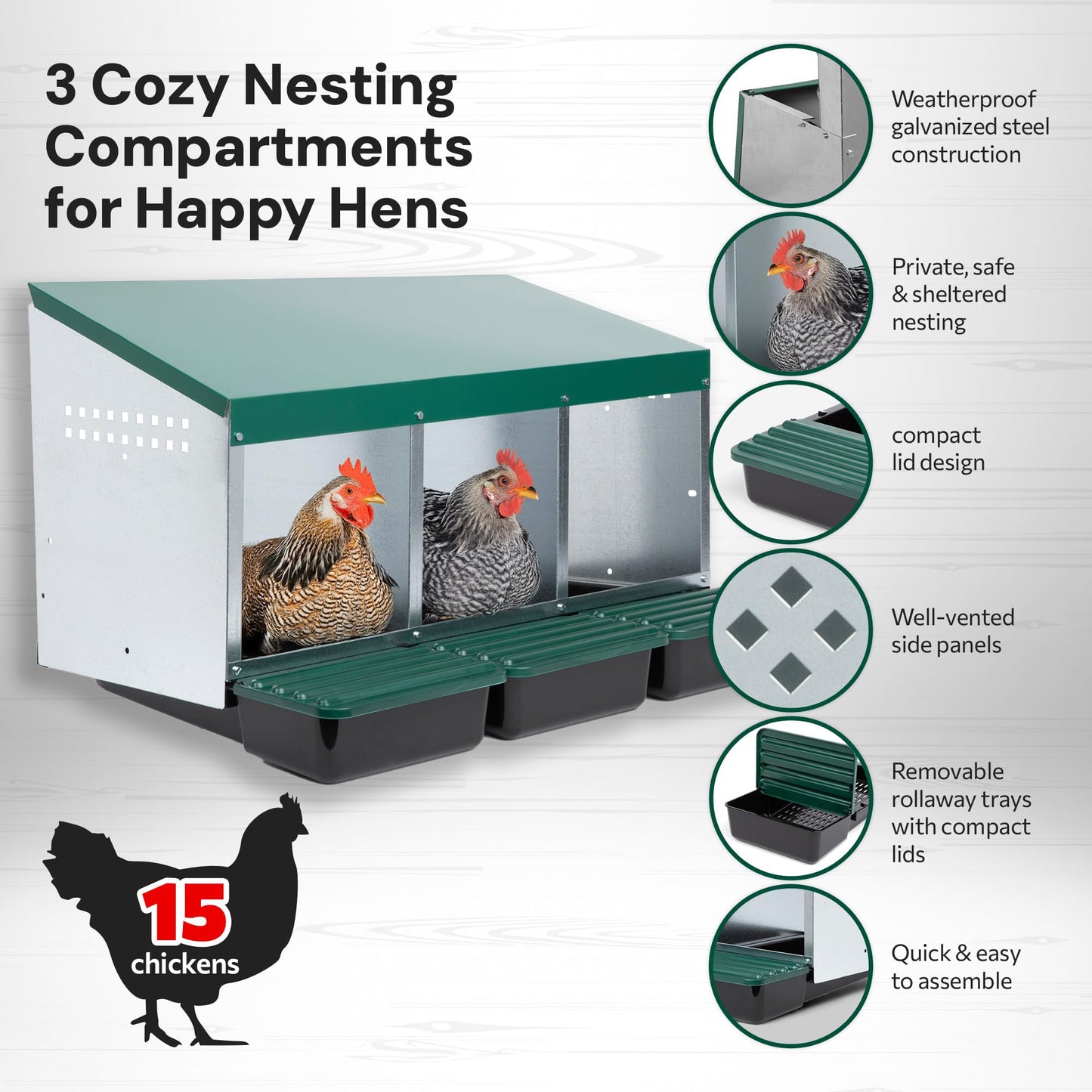 Homestead Essentials Compact Style 3 Compartment, Forward Rollout & Rollaway, Hen & Chicken Nesting Box with Protective Egg Laying Collection Lids