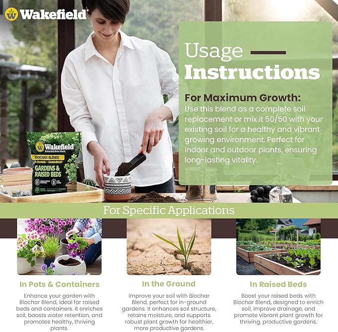 Wakefield Biochar Blend with CarbonBoost™ Technology – Enhanced Water & Nutrient Retention for Raised Bed Garden Soil - Ultimate Organic Potting Soil Mix for Vegetables, Gardens and Houseplants - 1CF