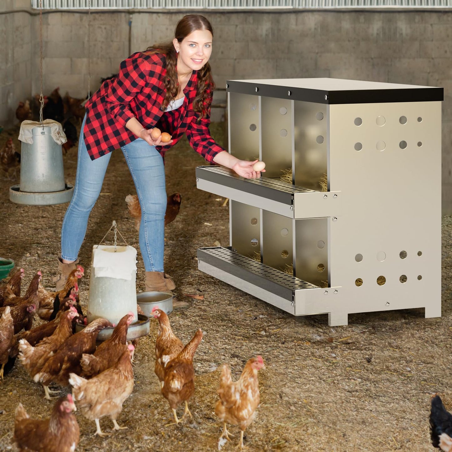 Chicken Nesting Box 6 Compartment for Chicken Coop - Heavy Duty Galvanized Steel Wall Mount with Vented Design & Removable Mats (31.9" L)
