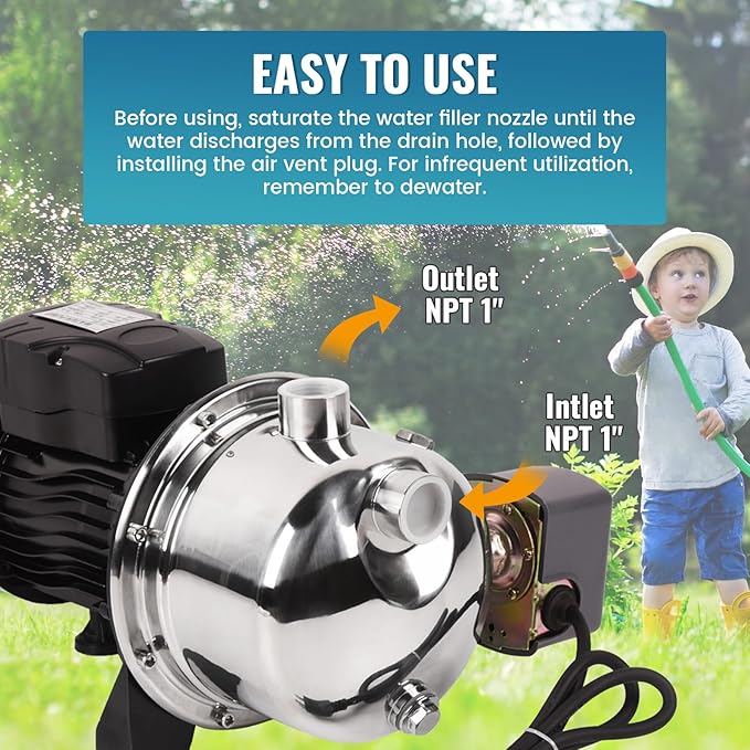 3/4HP Shallow Well Pump, 110V/60Hz, 18.5GPM, 131ft Head Jet Water Pump, Stainless Steel Shallow Well Jet Pump for Home Lawn Irrigation and Water Draining