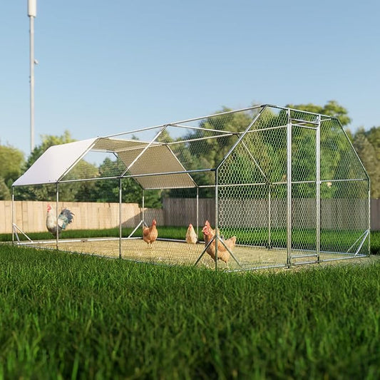 Large Metal Chicken Coop,10x20x6.36 ft Walk-in Chicken Runs for Yard with Waterproof Cover, Flat Shaped Chicken House with Door for Outdoor and Backyard, Farm, Duck Rabbit Cage