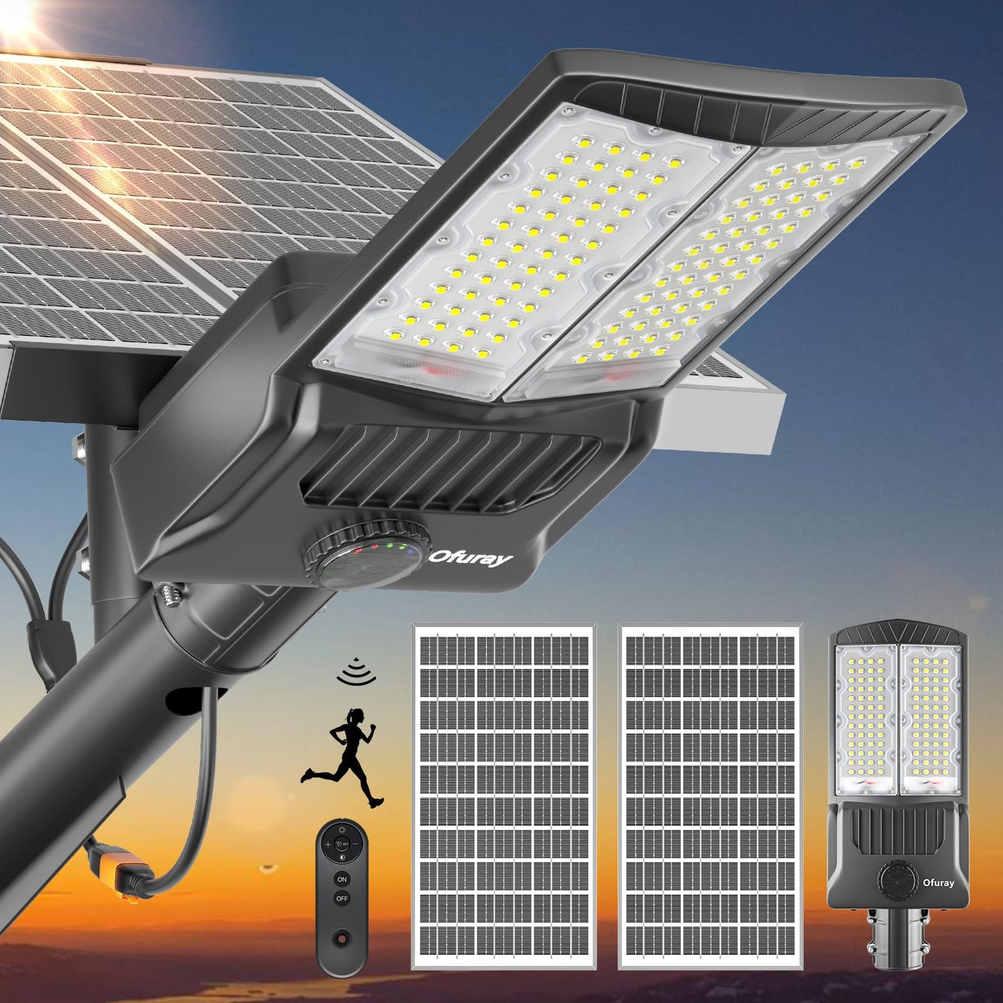 Ofuray Of-8800W Solar Street Lights Outdoor,IP67 Solar Security Flood Lights Parking Lot Commercial with Motion Sensor, 6500k Led Dusk to Dawn with Remote Control for Street,Park,Barn