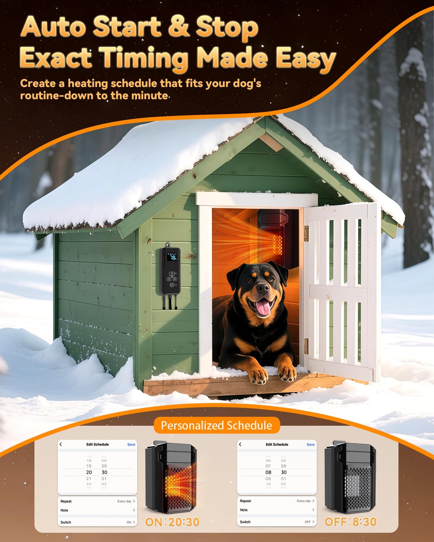 Dog House Heater with Thermostat & Smart APP WIFI Remote, 500W Fast Dog House Heaters Outdoor Doghouse, Chicken Coop, Pig Cat House, 41℉/113℉ Adjustable Temp & Timer, Pet Safe Space Electric Warmer