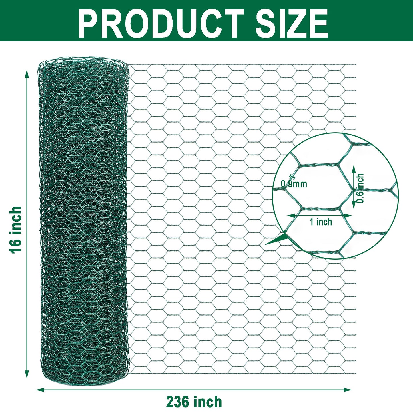 Chicken Wire Netting 16 x 236 Inch Green Hexagonal Galvanized PVC Coated Fencing Mesh for Garden, Poultry Barrier, Floral Arrangements and Crafts