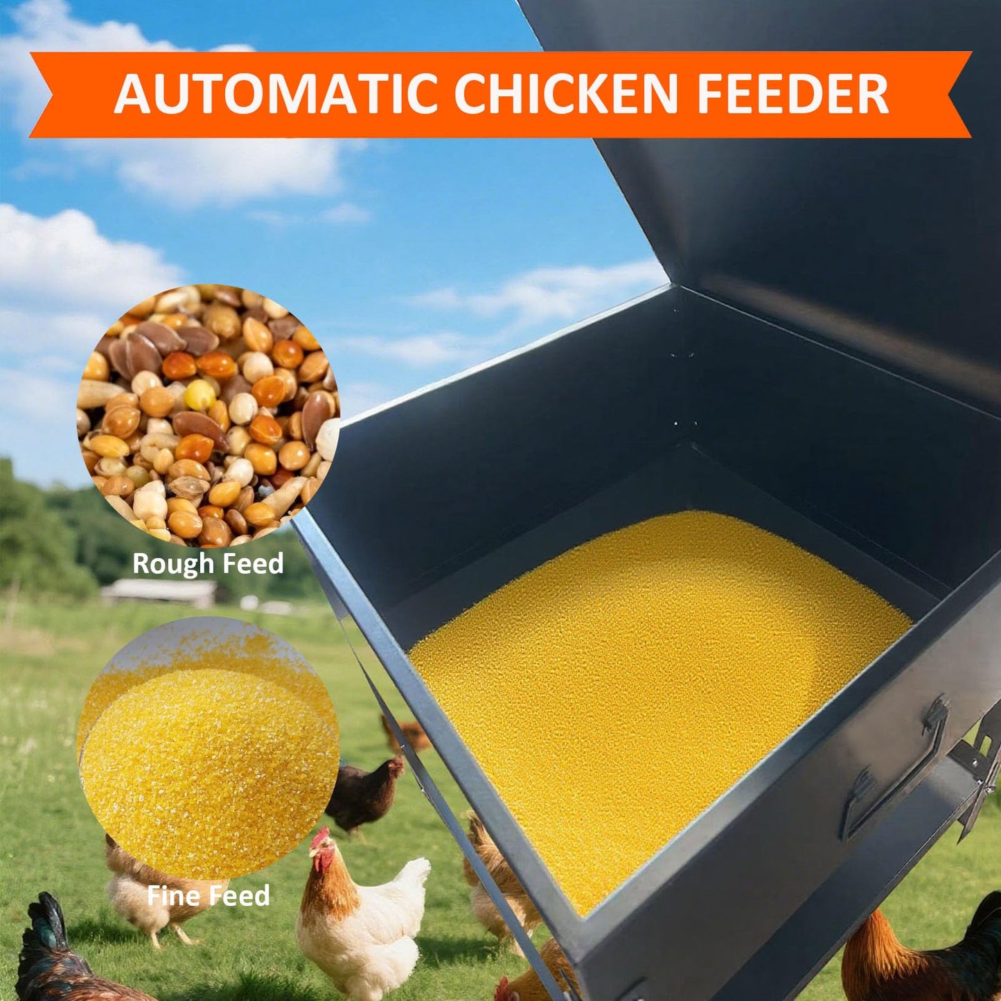 Large Capacity Automatic Chicken Feeder 80lbs Metal Poultry Feeder Set,with Latch & Handle Suitable for Chickens, Ducks, Turkeys（Adjustable Height）
