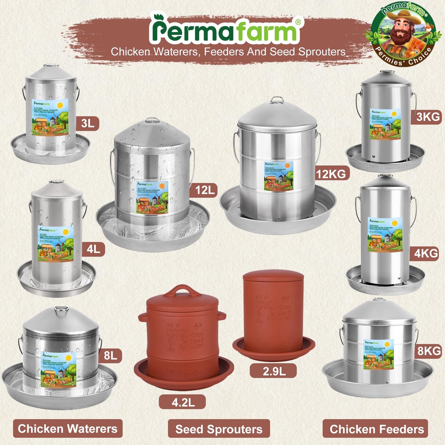 Permafarm® Automatic Chicken Feeder 12KG/26.5lbs, Authentic 304 Food-Grade Stainless Steel Poultry Feeder |Heavy-Duty 0.9mm Metal Thickness, Top-Fill Design, Rust-Free & Built for Life-Long Durability