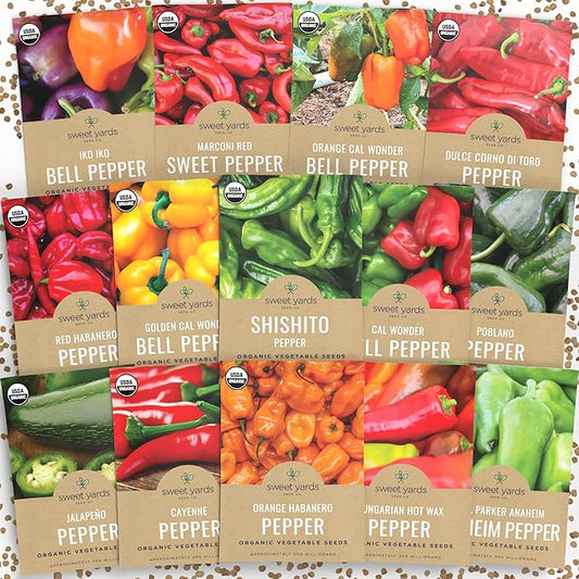 Organic Pepper Seeds (Sweet and Hot) Variety Pack - 14 Individual Packs - 2025 Season - Cayenne, Orange Habanero, Shishito and More! for Indoor & Outdoor Planting (Non-GMO, Certified Organic)