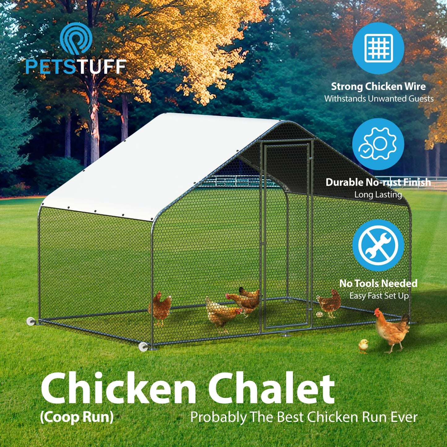 PETS TUFF Chicken Chalet - Chicken Coop for Chickens, Ducks, Rabbits & More - Predator-Resistant, Strong Wire with Mesh Bottom - Wheels for Easy Moving - Wind & Snow Durable Chicken Pen - 124”x81”x79”