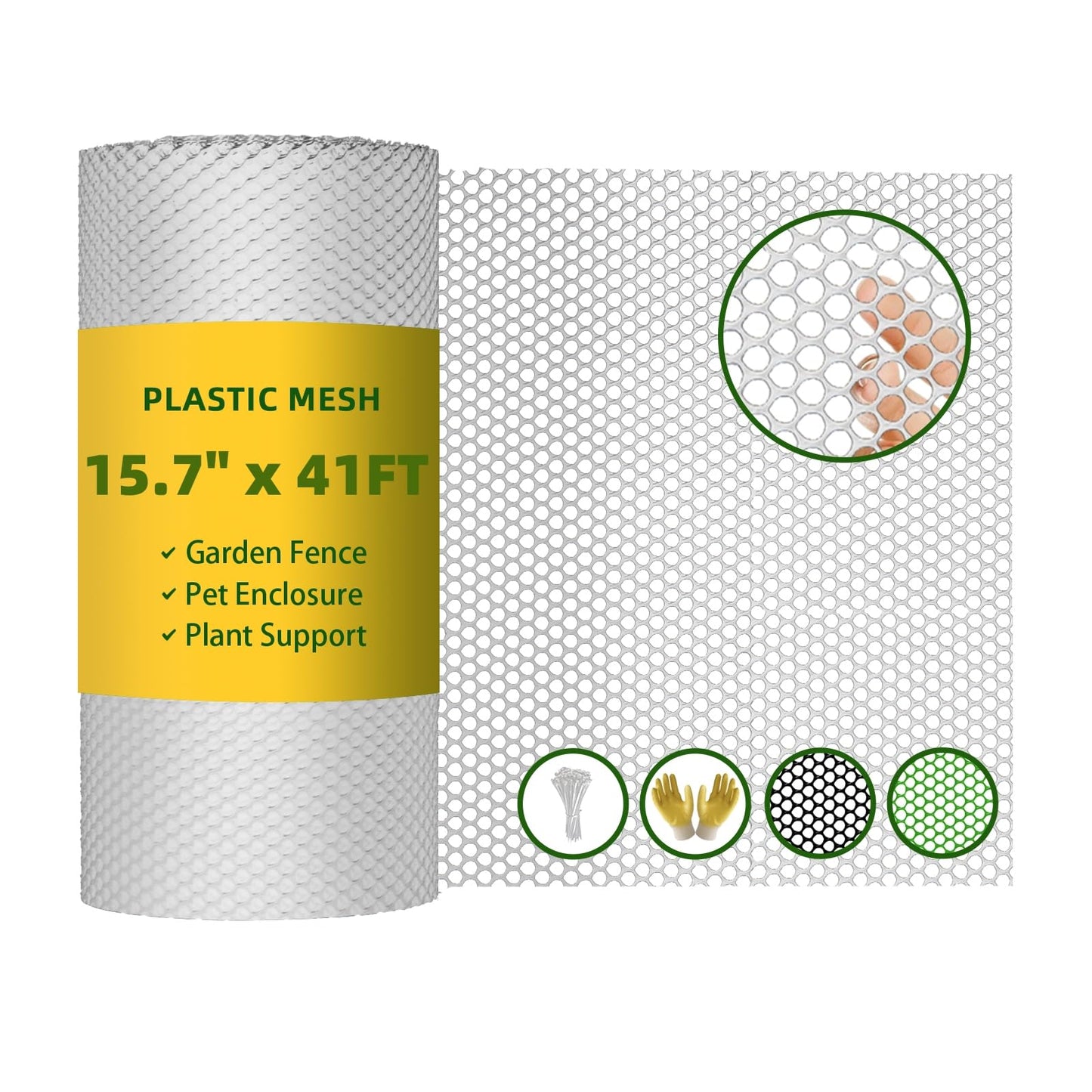 500GSM Heavy Duty 15.7IN x 41FT White Plastic Mesh Fencing Roll for Chicken Dogs Rabbit Snake Poultry Barrier Gardening, Wire Mesh Netting Fence for Balcony Garden Pet Enclosure Plant Support DIY
