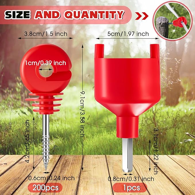 Sweetude 200 Pcs Electric Fence Insulator with 1 Pcs Insulator Socket Tool Screw in Ring Post Wood Post Electric Fence Ring with Socket Tool for Animal(Red)