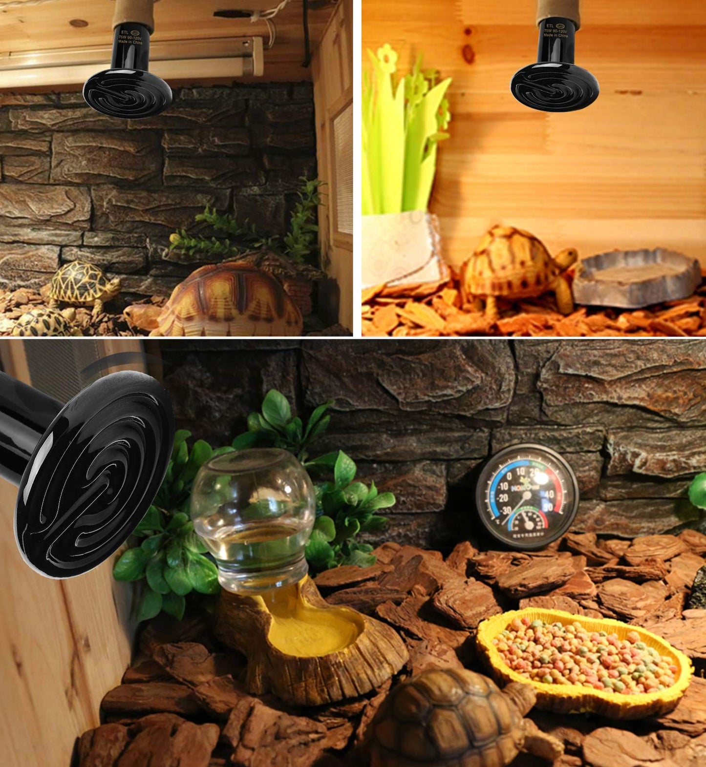 OMAYKEY 2-Pack 75W Ceramic Heat Lamp with 1-pcs Digital-Thermometer, Infrared Heat Emitter Bulbs for Reptiles, Amphibians, Chicken Brooder Coop Lizard Turtle Snake Aquarium, No Light No Harm