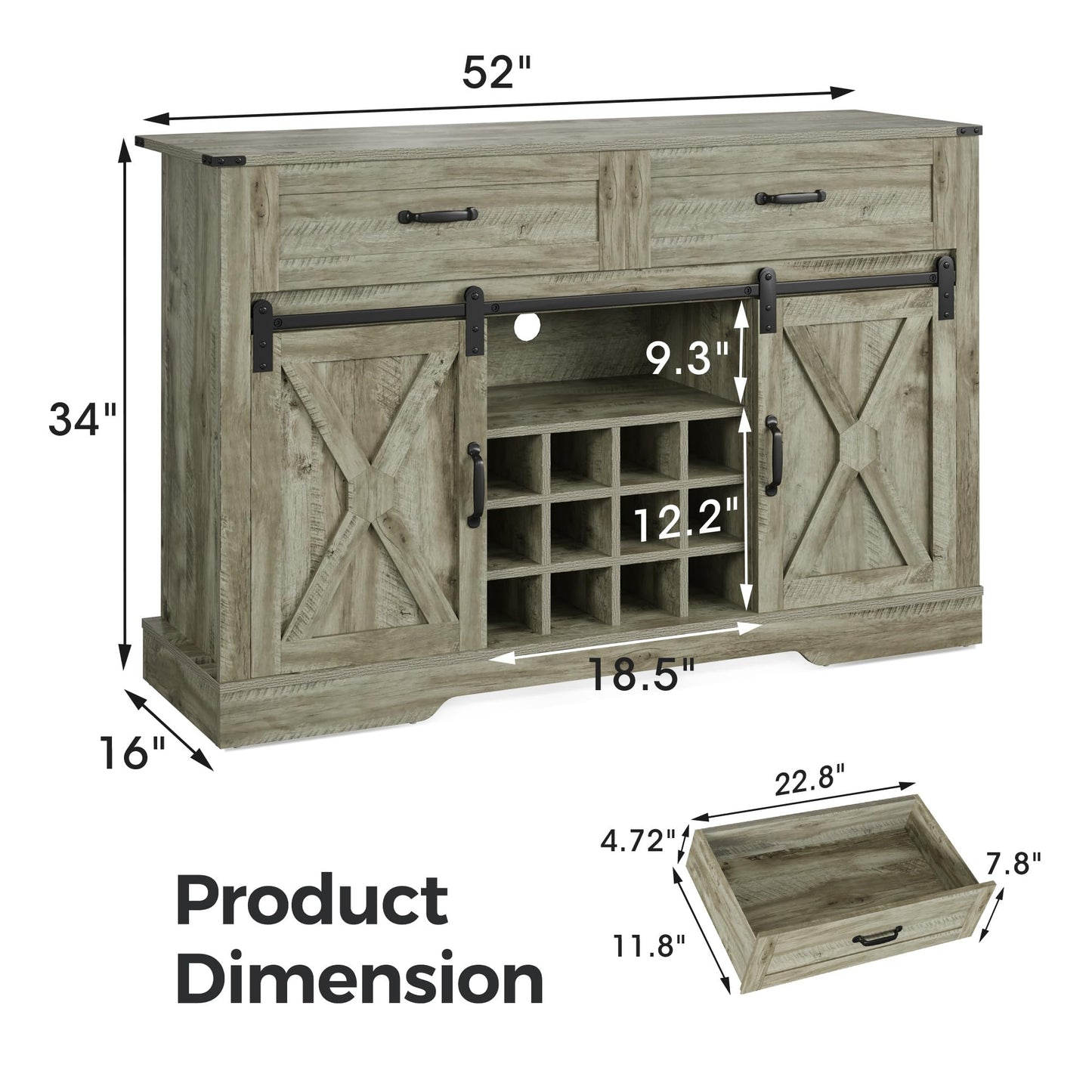 RoyalCraft Farmhouse Buffet Cabinet with Storage, 52'' Wine Bar Cabinet with Sliding Barn Door, Liquor Coffee Bar Cabinet and Sideboard for Kitchen, Dining Room, Light Grey