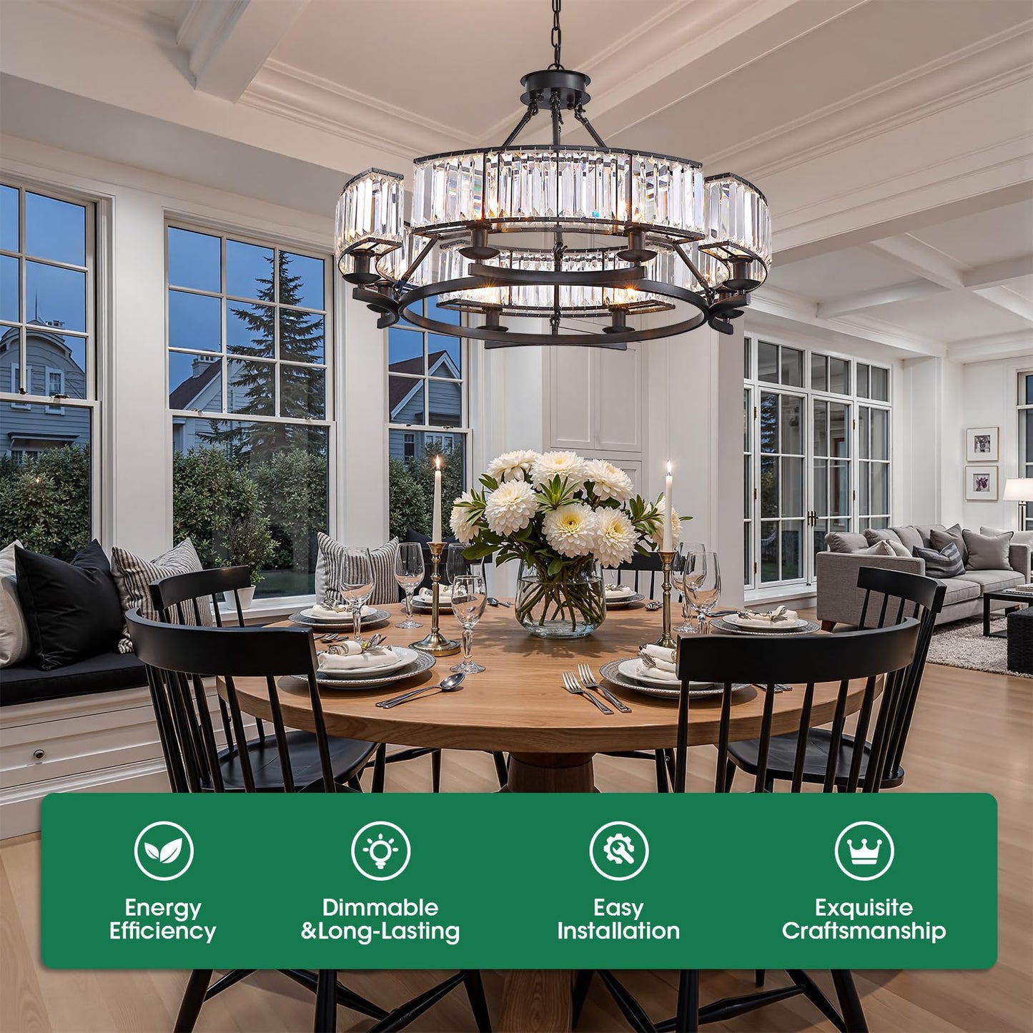 WECHAET Modern Black Farmhouse Chandeliers for Dining Room Light Fixture, 6-Light Adjustable Round Crystal Chandeliers for Living Room Kitchen Island Foyer Entryway, D31.5