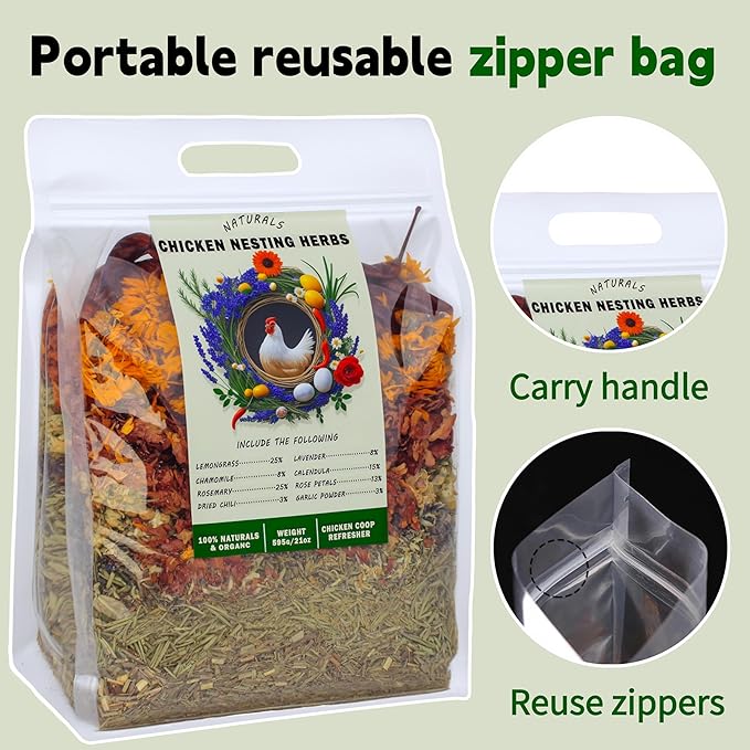 21oz Chicken Nesting Herbs,1.3lb - 8 Natural Herbs Mixture for Chicken Coop Freshness & Egg Production | Reusable Sealed Pack | Fresh Bedding, Dust Bath Enhancer, Odor Control