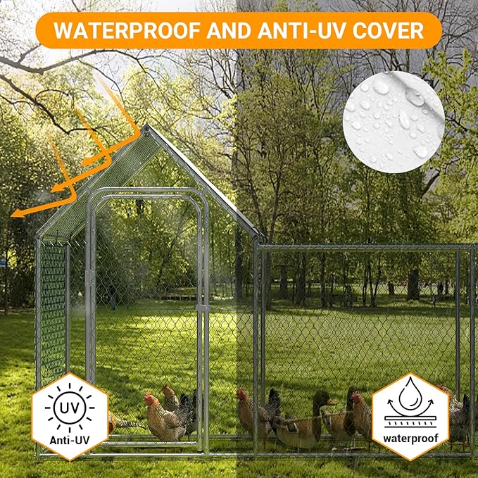Large Metal Chicken Coop, Chicken Run with Cover, Walk-in Poultry Cage for Yard Outdoor Duck Rabbit Cage