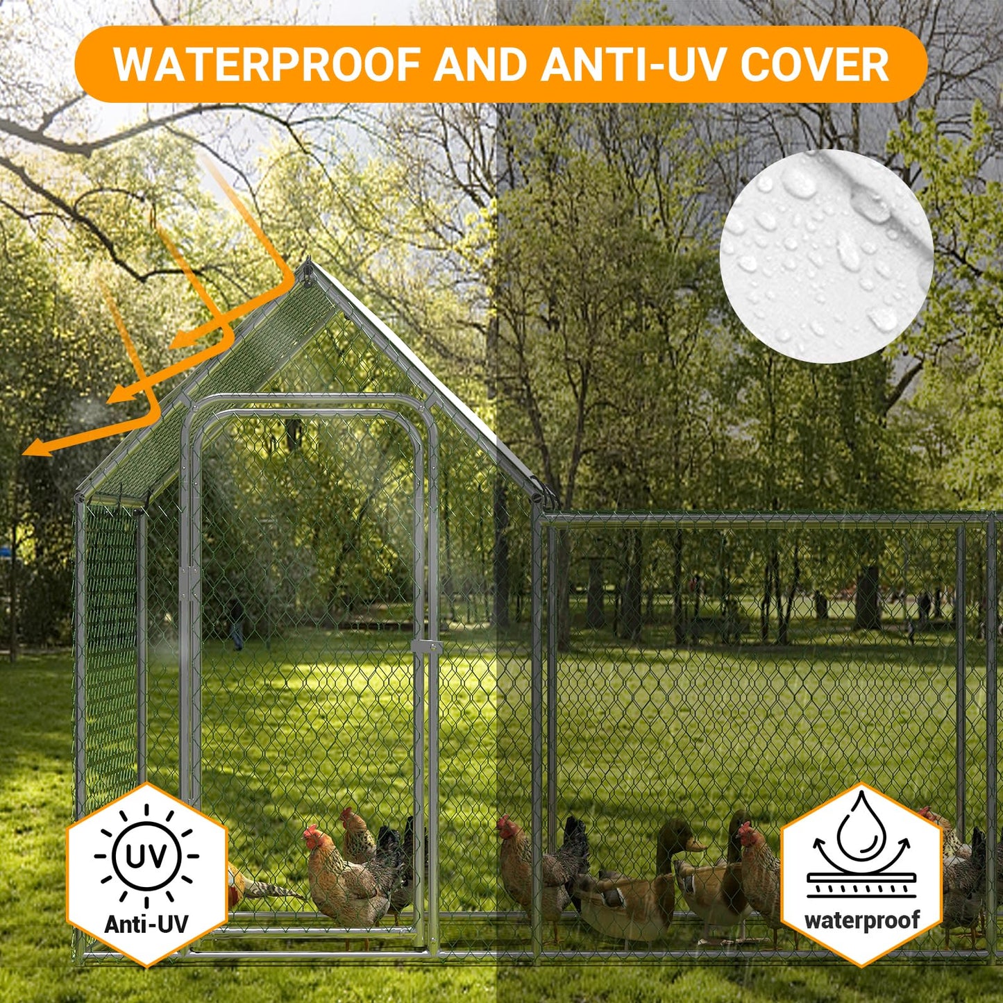 Large Metal Chicken Coop, Chicken Run with Cover, Walk-in Poultry Cage for Yard Outdoor Duck Rabbit Cage