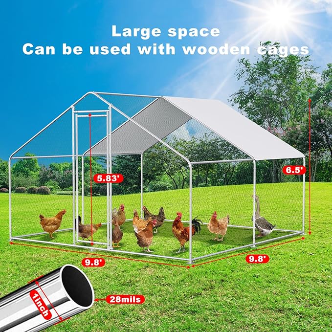 Large Metal Chicken Coop Run Cage Walk-in Poultry with Cover Chicken Pen for Yard with Waterproof and Anti-Ultraviolet Cover Outdoor Farm Use Rabbits House Duck Habitat, 2 Rooms