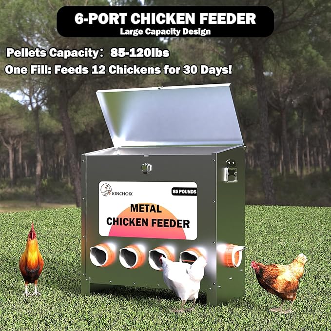 Metal Chicken Feeder Large Capacity 85lbs Automatic Metal Rat Proof Chicken Feeders No Waster Weatherproof Poultry Feeder for Chickens, Geese, Ducks, Turkeys, Quails (6-Port)
