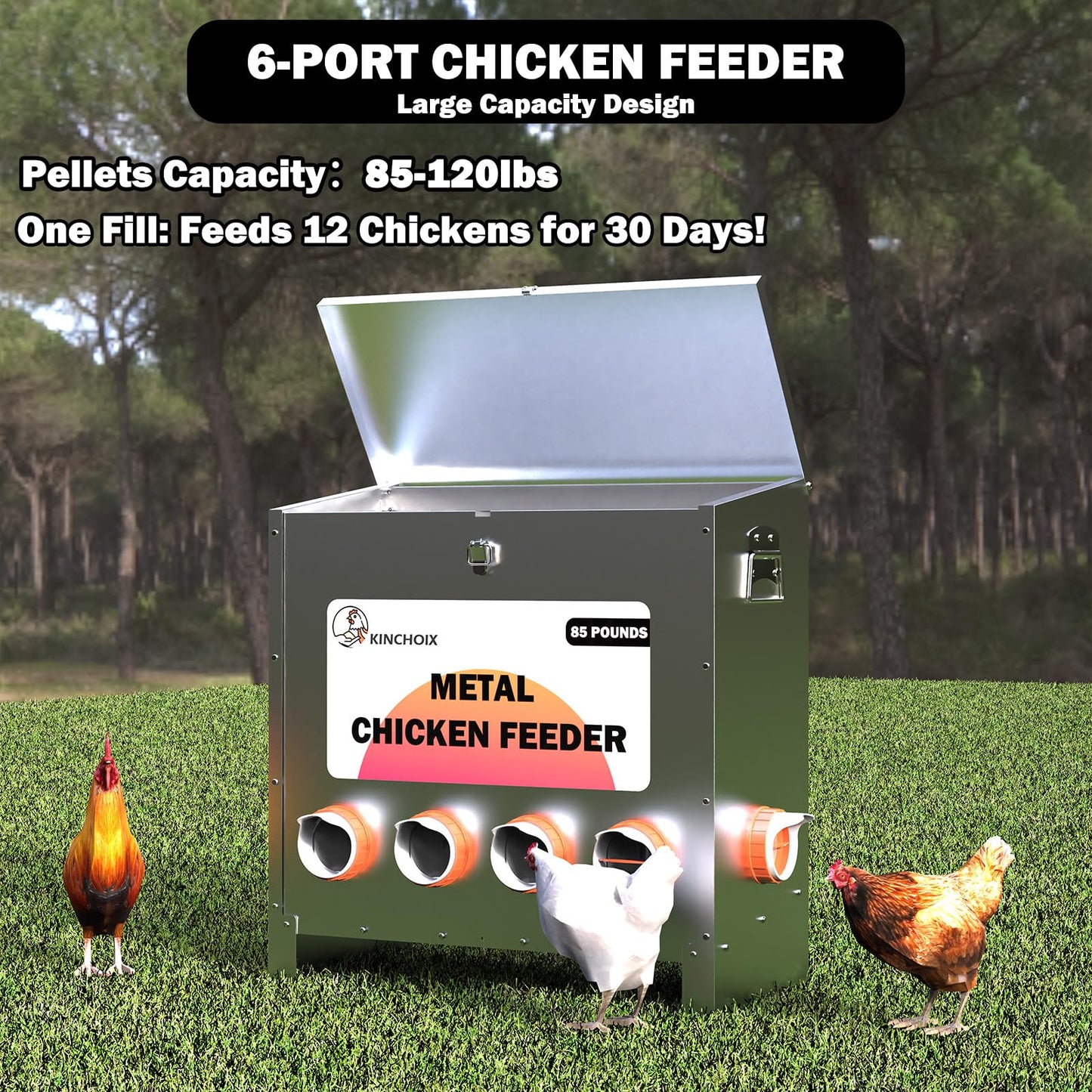 Kinchoix Metal Chicken Feeder Large Capacity 85lbs Automatic Metal Rat Proof Chicken Feeders No Waster Weatherproof Poultry Feeder for Chickens, Geese, Ducks, Turkeys, Quails (6-Port)