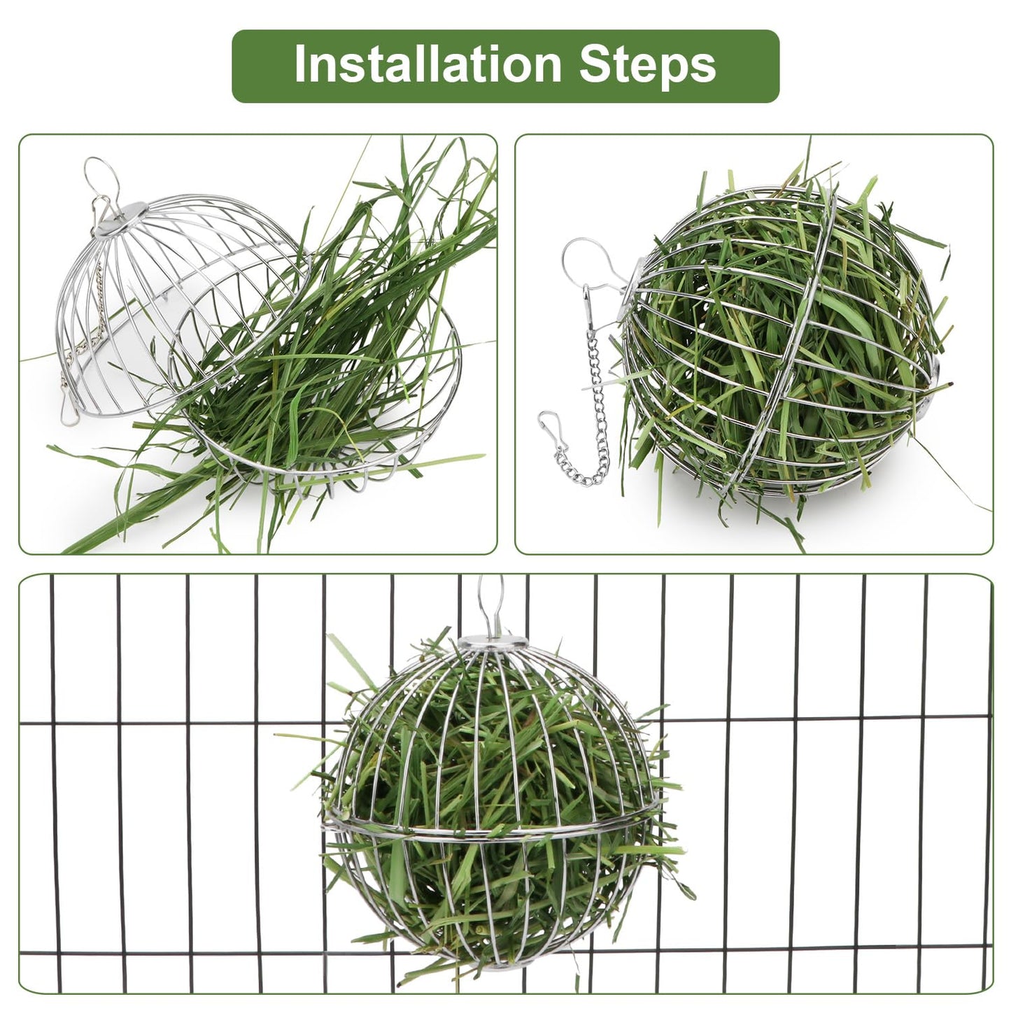 Rabbit Hay Ball Stainless Steel Hanging Feed Dispenser for Bunny Hamster Guinea Pig Rat Chinchilla (A: 5.11inch, Silver)