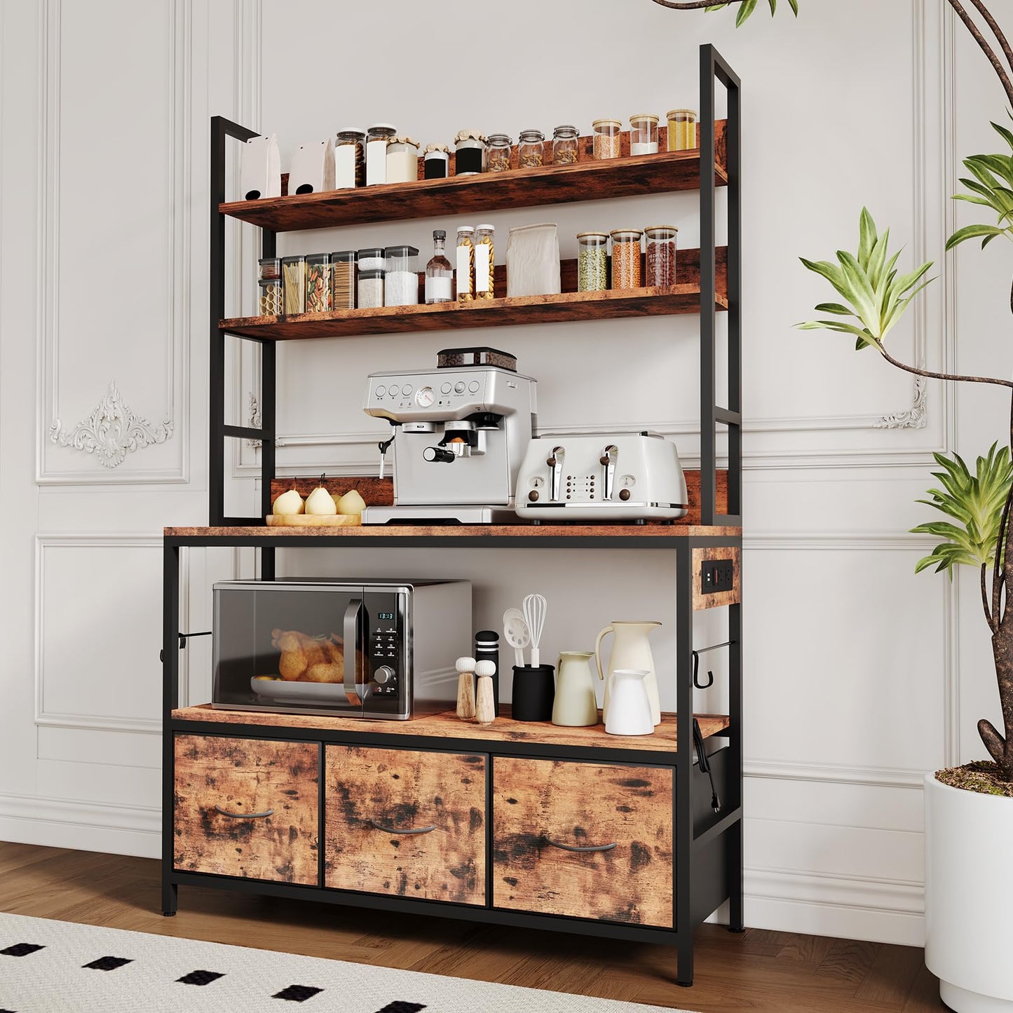 Garvee Kitchen Bakers Rack with Storage and Power Outlet, 5-Tier Industrial Microwave Stand with Drawers and Open Shelves, Metal Frame, Farmhouse Coffee Bar Cabinet, Brown