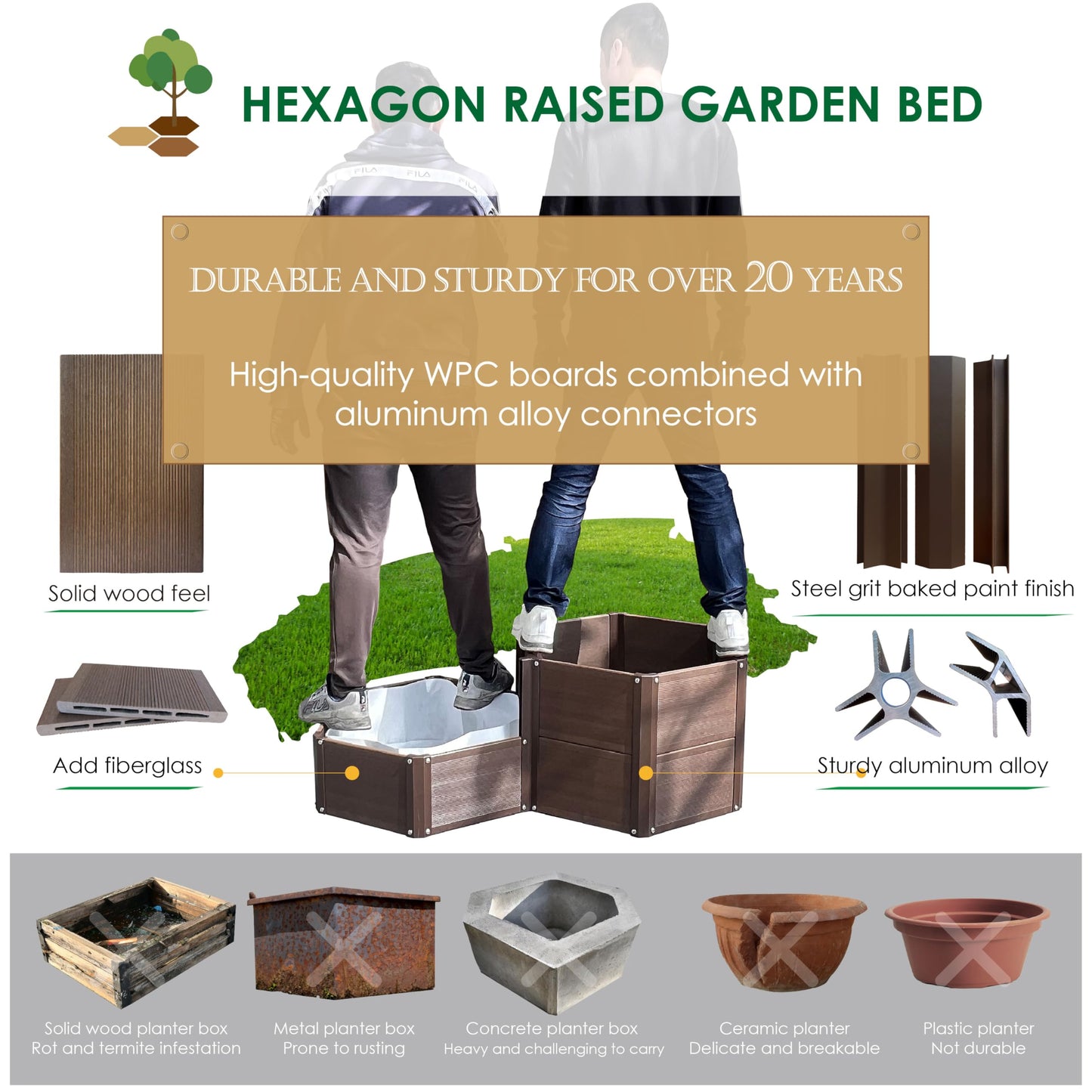 Aluco Wood Hexagon WPC Raised Garden Bed, Expandable Modular Planter for Vegetables, Flowers, Herbs and shrubs with Protective Liner, Easy Assembly