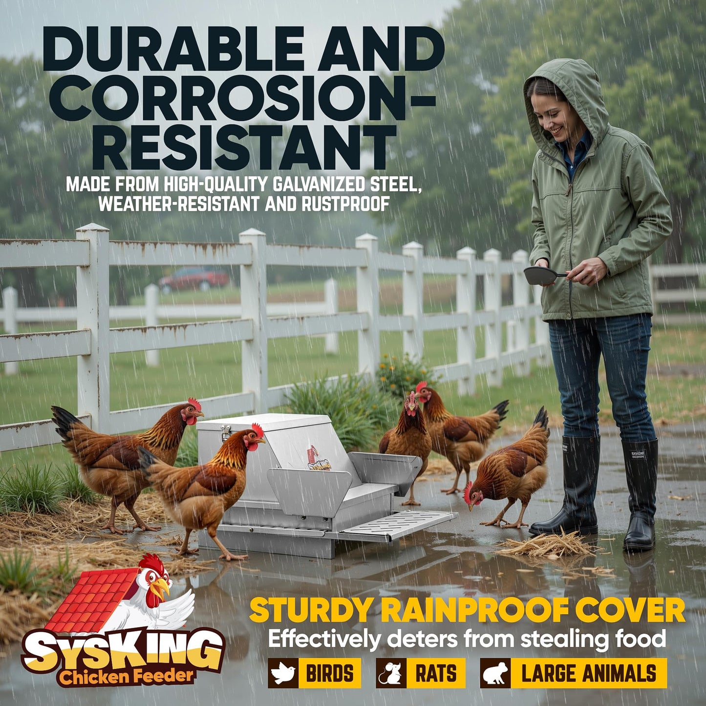 SYSKING Automatic Chicken Feeder - Chicken Feeders No Waste, 25 LB Large Metal Treadle Rat Proof Poultry Feeder for 6-12 Chickens for 10 Days, Weatherproof Lid, Galvanized Steel